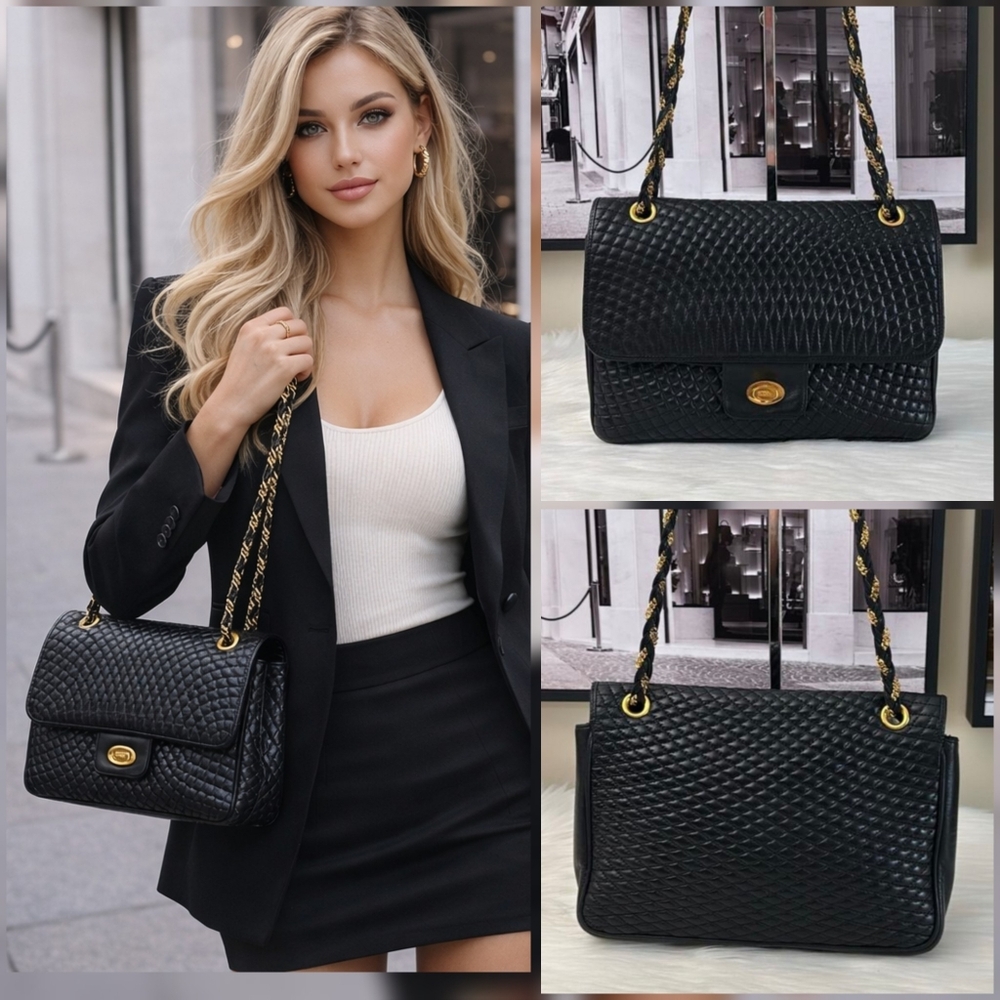 BALLY Quilted Chain Shoulder Bag Leather Black Gold Authentic